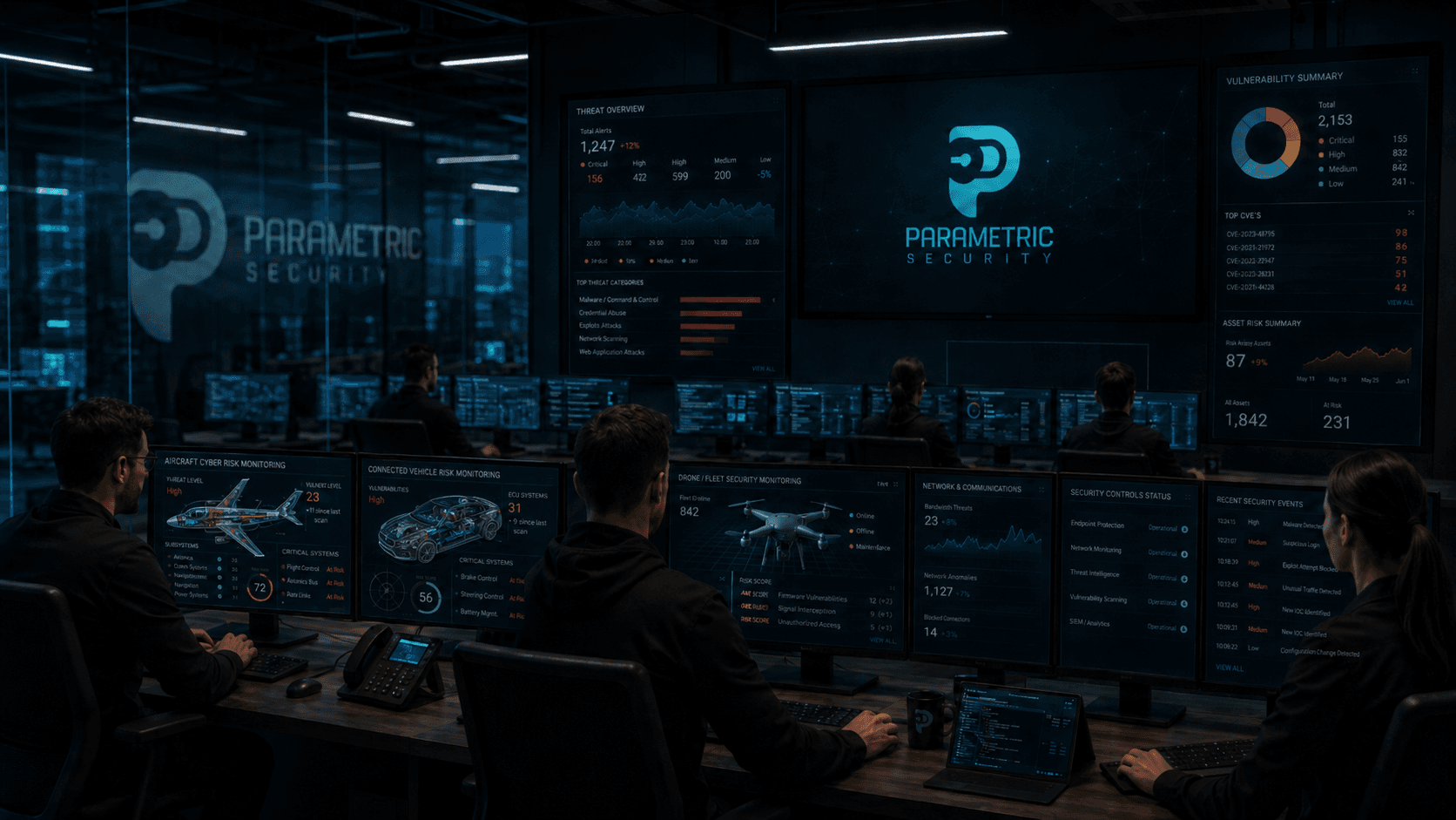 Cybersecurity operations center with analysts monitoring threat intelligence dashboards displaying CVE alerts, vulnerability summaries, IoT asset inventory, and security event logs