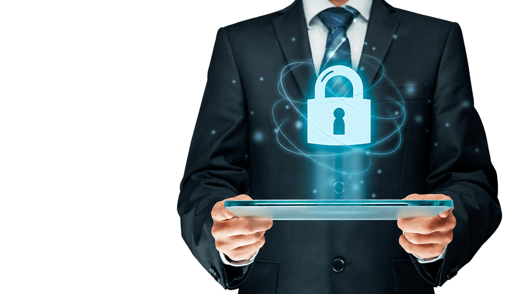 Cybersecurity professional analyzing device security with a digital padlock representing protection across connected systems